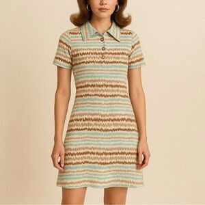 VINTAGE KIMBERLY 60s Zig Zag Stripe Mod Pointed Collar Short Sleeve Dress